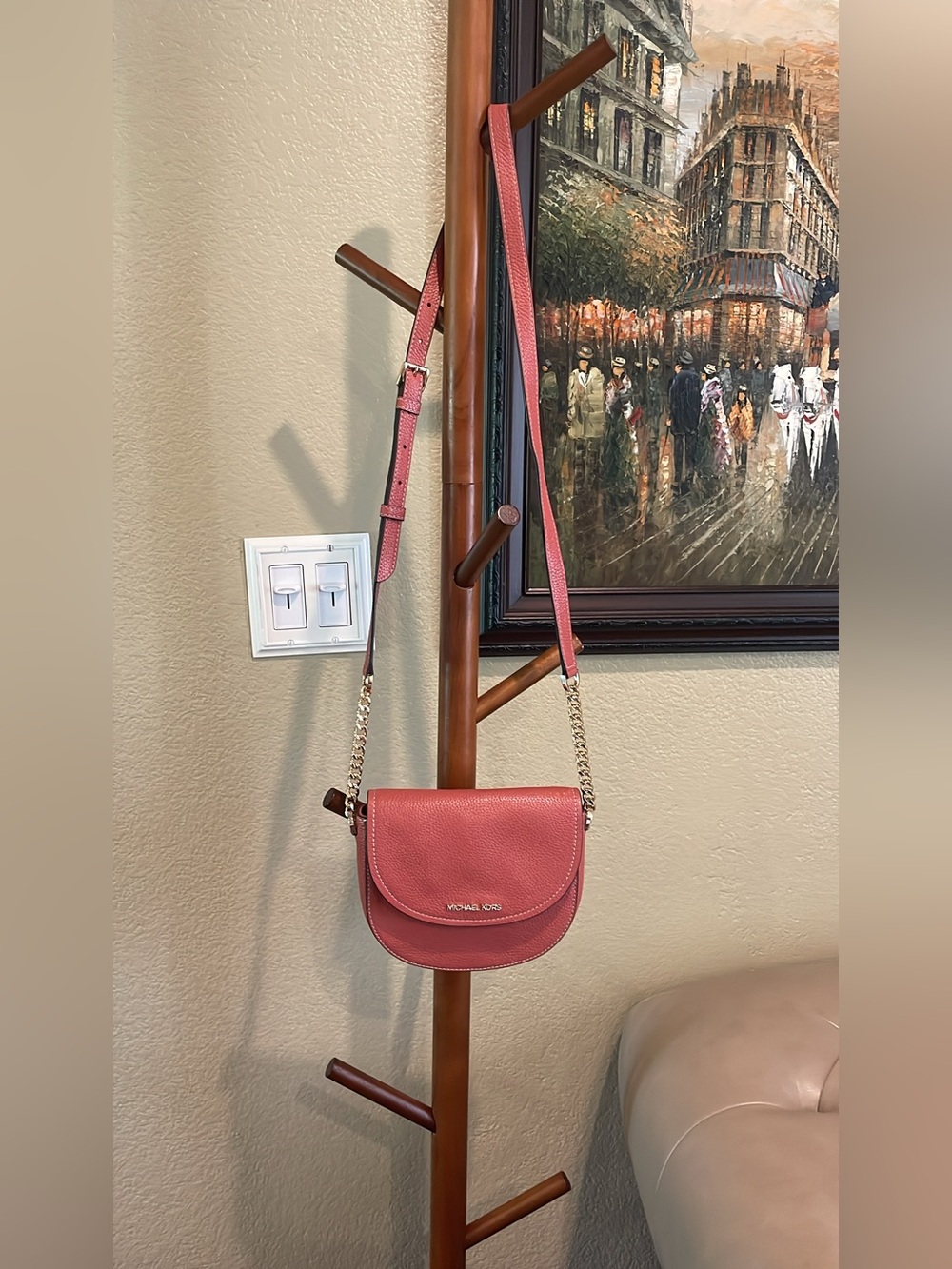 Michael Kors Coral Leather Crossbody Saddle Bag with Gold Chain